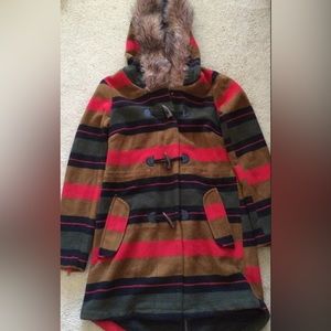 NEW BB Dakota Griffin Striped Faux Fur Red Jacket Coat * Small